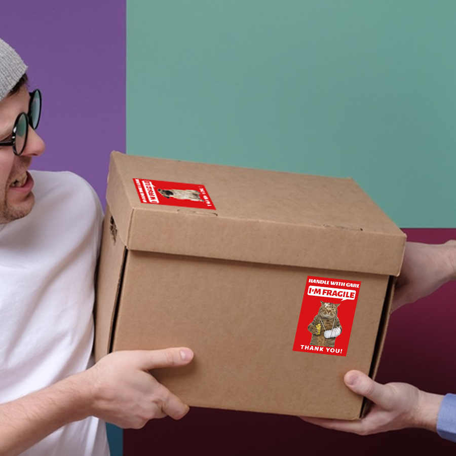 200 PCS Funny Fragile Stickers - 4 Designs (Dog, Cat, Mummy), 3x2 Inches Permanent Adhesive Labels for , Moving, Glass