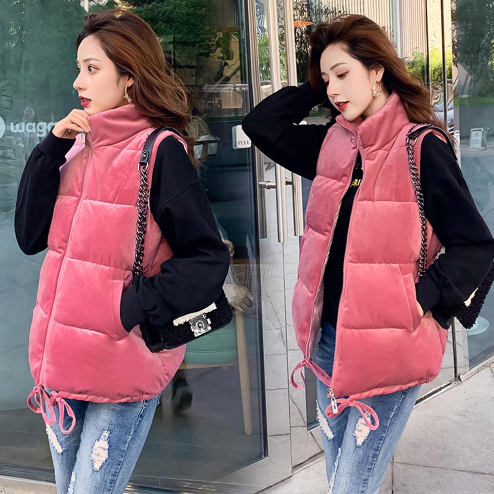 Pinkyisblack ärmlös dam väst jacka vinter kort sammet dunväst kvinnlig stativ krage väst dam vindtät varm väst