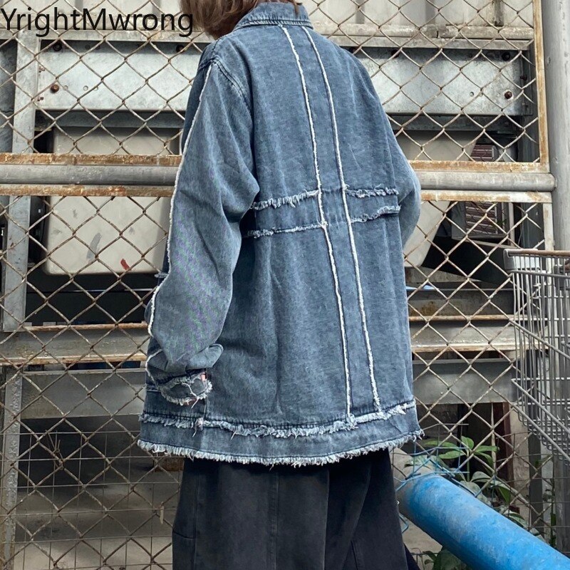 Streetwear Ripped Hip Hop Losse Denim Outfit Herfst Herfst Vrouw Man Jeans Windjack Chaqueta Pocket Button Shirt Blouse