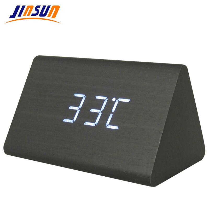 Jinsun Wekker Moderne Houten Thermometer Desk Klokken Led Digitale Klok Geluid Controle Mini Led Tafel Klok