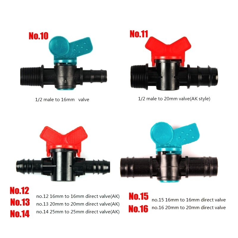 5pcs 16-Kinds Drip Irrigation Tape Ball Valves 1/2" Thread 16mm 20mm 25mm Barbed Connectors Trickle Irrigation Water Pipe Valve