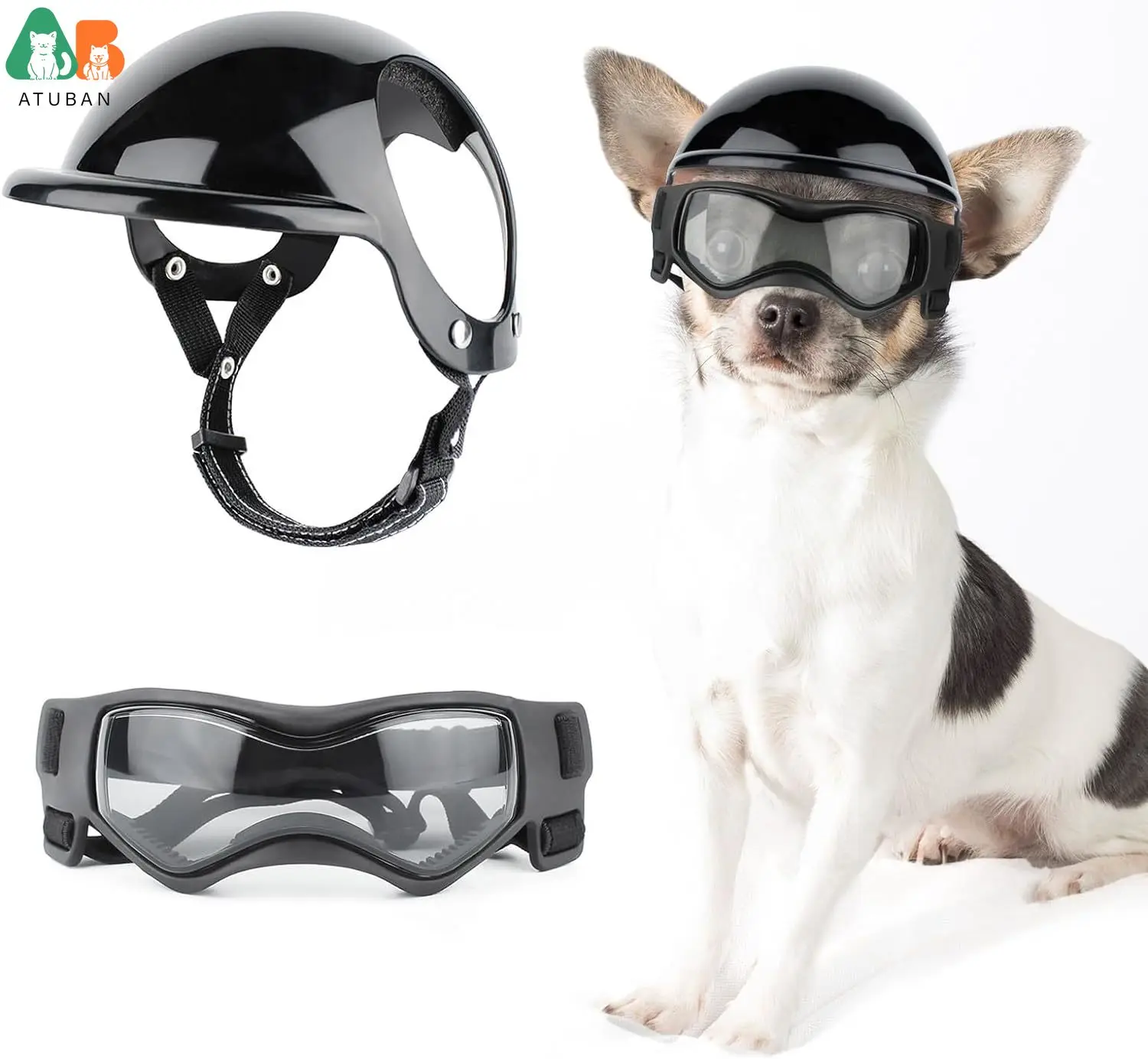 ATUBAN Casco para Perros y Gafas para Perros Pequeños-Casco para Casco de Motocicleta para Mascotas con Agujeros para las Orejas Correas Ajustables para Puppy Montar: S / Negro