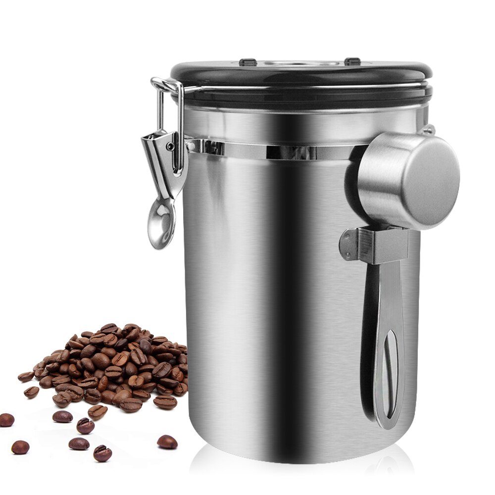 Stainless Steel Airtight Container Coffee Tea Jar Sealed Can Measuring Scoop Waterproof Moisture-proof Keep Fresh Storage Tank: 1800ML With spoon