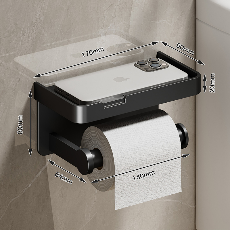 Soporte de papel higiénico grande, portarrollos de papel montado en la pared con bandeja de almacenamiento, soporte para teléfono móvil, accesorios de baño