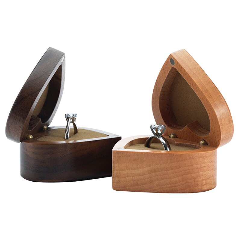 HLZS-Love Heart Shape Walnut Wooden Ring Box Solid Wood Decorative Jewellery Storage Box Engagement Box Proposal Anniversary Gif