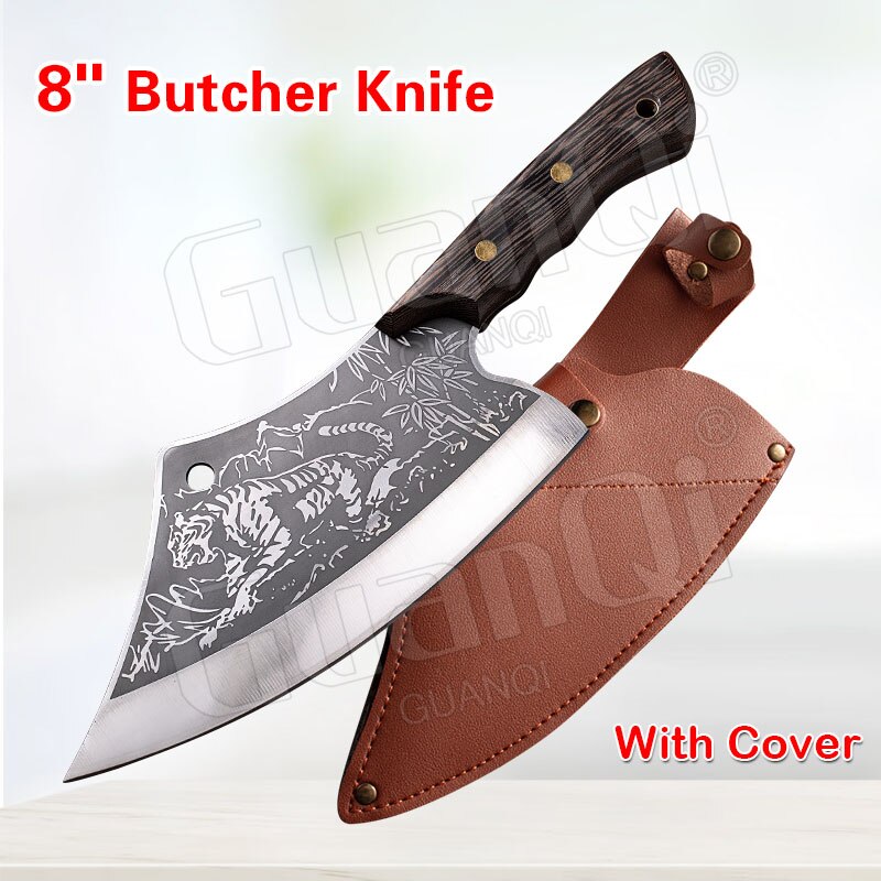 Full Tang Wood Handle Chef Knife Handmade Filleting Slicing Butcher knife Forged Multifunctional Meat Cleaver Vegetable Cutter: B with Cover
