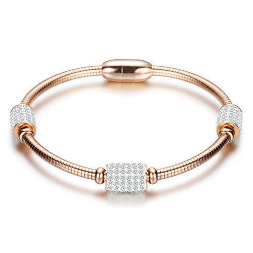 Women Crystal Bead Bracelet Bangles Stainless Steel Snake Chain Women Wedding Jewelry: rose gold