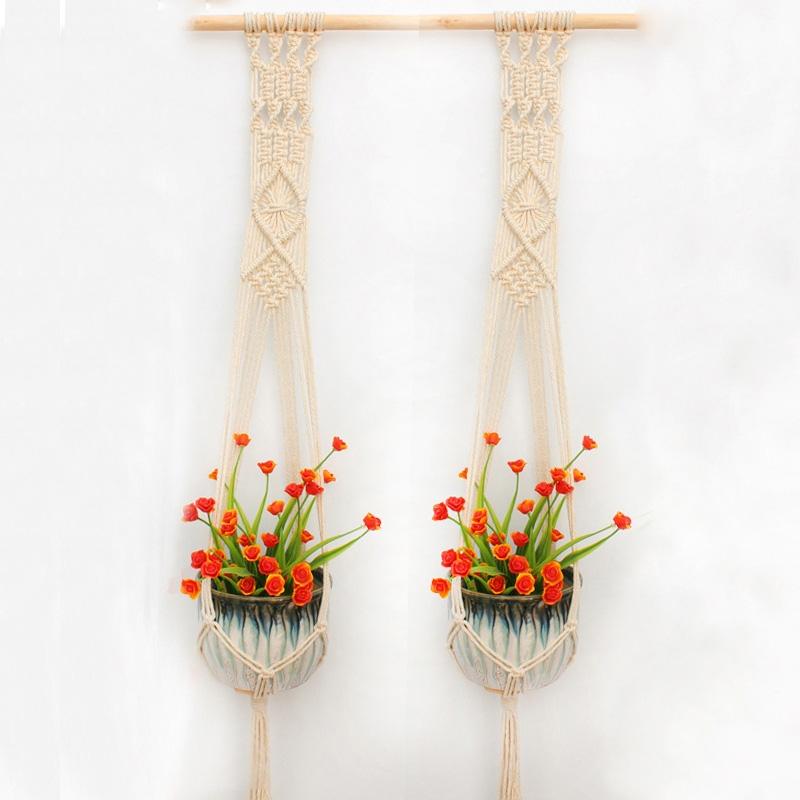 LanLan 2PCS Macrame Plant Hanger Indoor Outdoor Hand Knit Hanging Planter Wood Stick Basket Wall Art