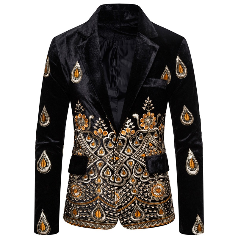 Shenrun Mannen Blazers Winter Jassen Fluwelen Mode Borduren Jasje Stadium Jurk Zanger Gastheer Muzikant Kostuum Zwart Blauw Rood: Black / XXL