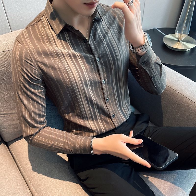 Spring Autumn Striped Printing Bottoming Shirt Men Korean Long Sleeve Vintage Business Casual Blouse Male Cardigans Top: XXL / Brown