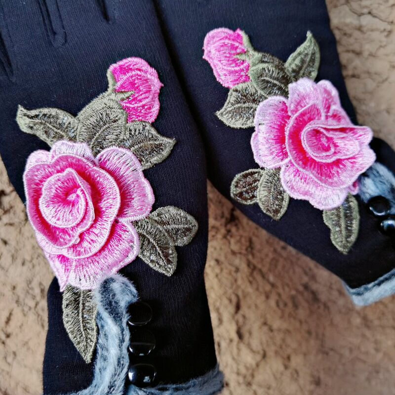 Punk Cotton Driving Fingerless Gloves For Women Gloves Winter Touch Screen Flowers Embroidery Gloves Autumn Winter