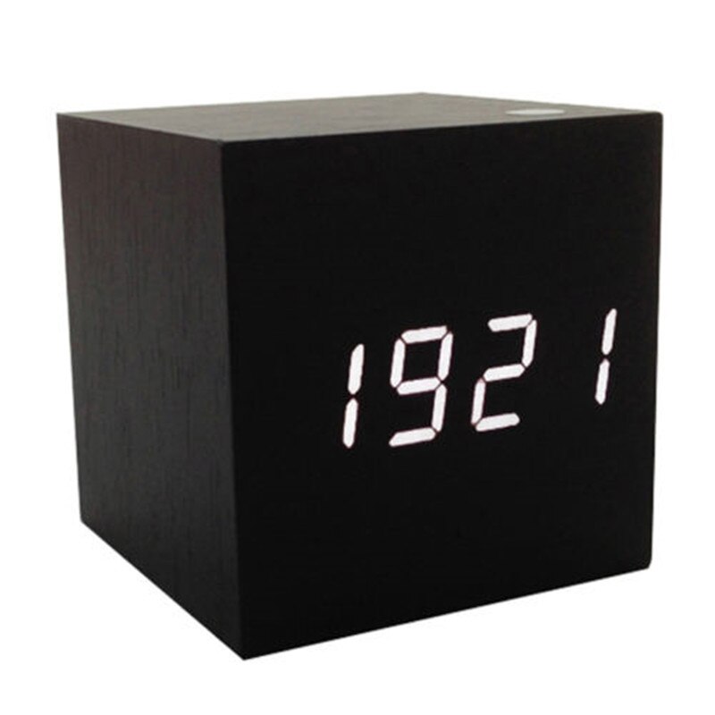 Träkub digital ledd skrivbordslarmtermometer timer kalender usb klocka b
