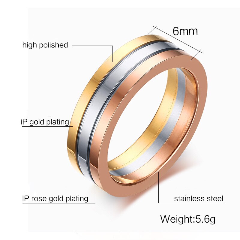 ファッション女性と男性ジュエリー316lステンレス鋼リング6ミリメートル婚約リング3色チタンリング