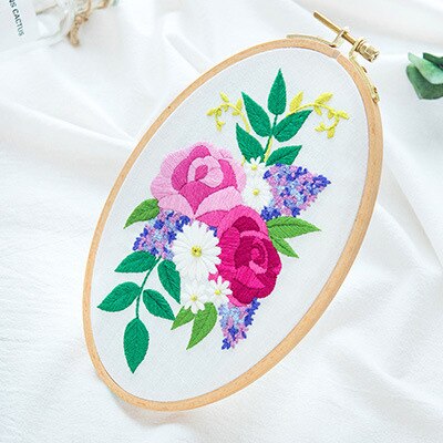 Nemt gør-det-selv broderisæt blomstertrykt håndlavet håndarbejde korssting for begyndere swing kunst maleri håndværk boligindretning: 4 / Oval træbøjle