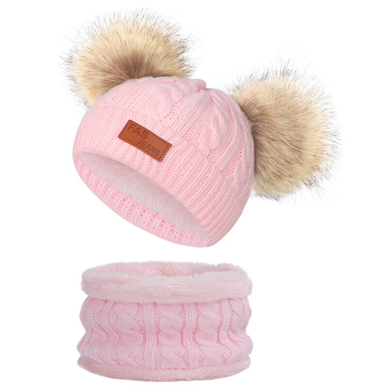 Søde børns strikket hat og tørklæde hat beanie-cap pompom furry ball baby hatte strikket nyfødt baby hat beanie pompom-cap: Lyserød