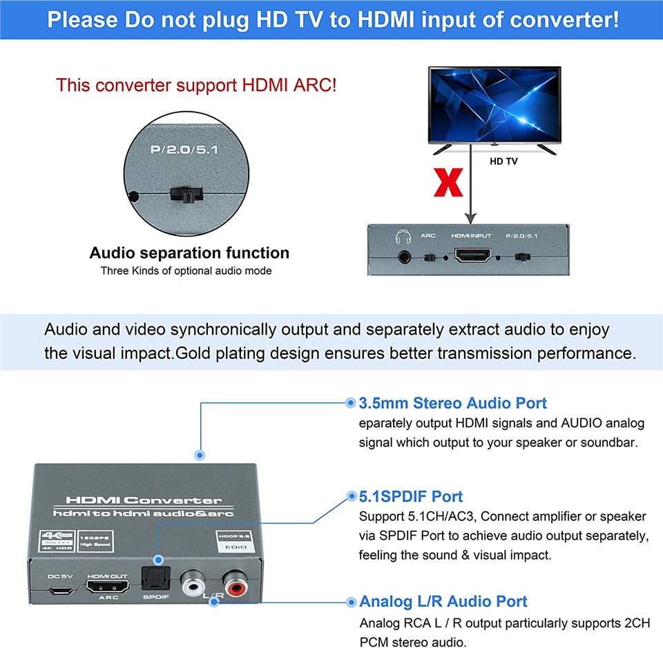 Navceker Hdmi 2.0 Audio Extractor Hdmi Naar Rca 4K 60Hz YUV4:4:4 Hdr Hdmi Audio Converter Adapter 4K Hdmi Naar Optische Toslink Spdif