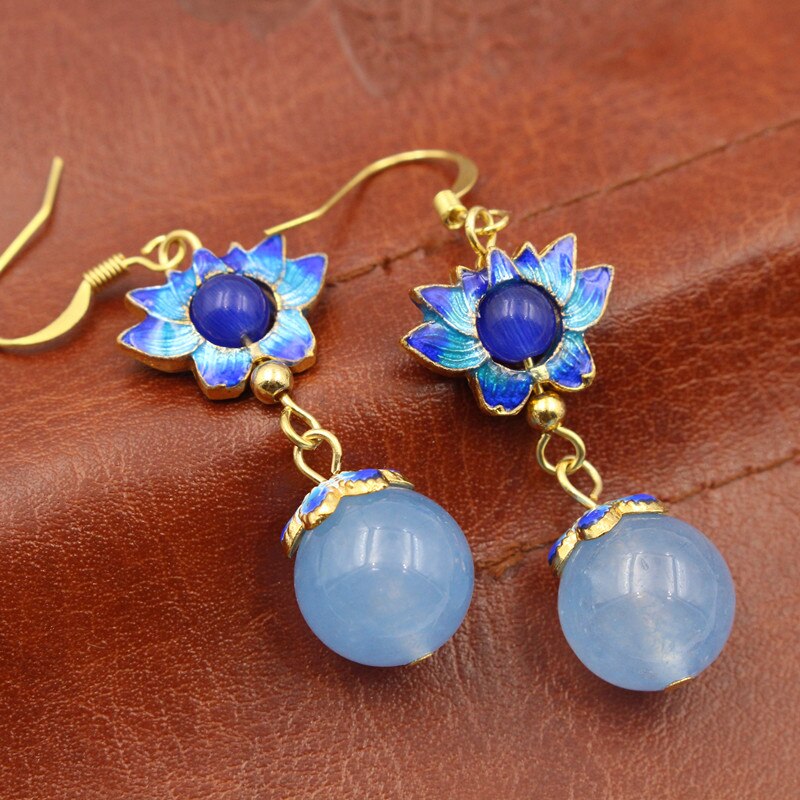 Yanting Cloisonne orecchini di loto per le donne perle di calcedonio blu orecchini dei monili di modo etnico orecchini regalo di compleanno 087