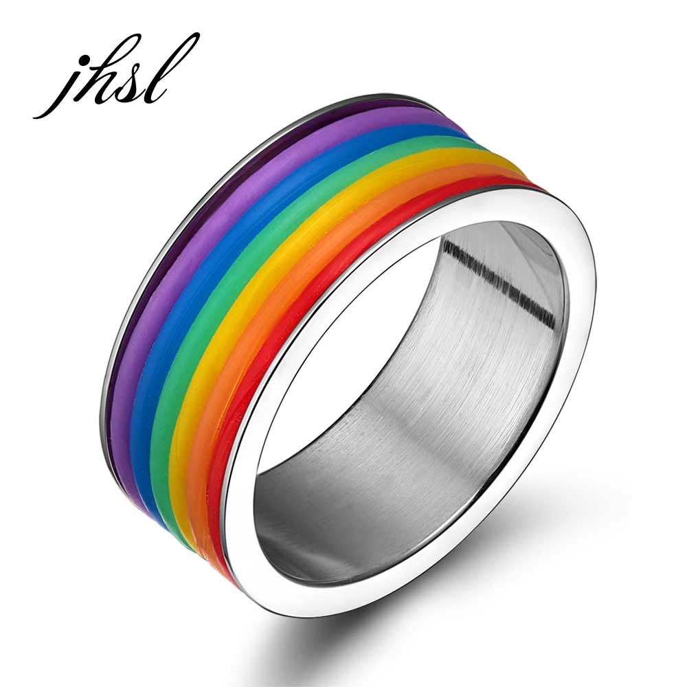 JHSL Men Colorful Silicone Rainbow Gay Rings Stainless Steel Jewelry Size 6 7 8 9 10 11 12 13