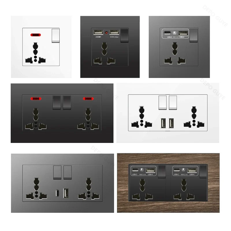 Universal 18W Type-C Plug Quick Charging Dual 3-pin Power Socket 220V,Wall electrical Socket with DC 5V 3.1A Type-c USB Charger