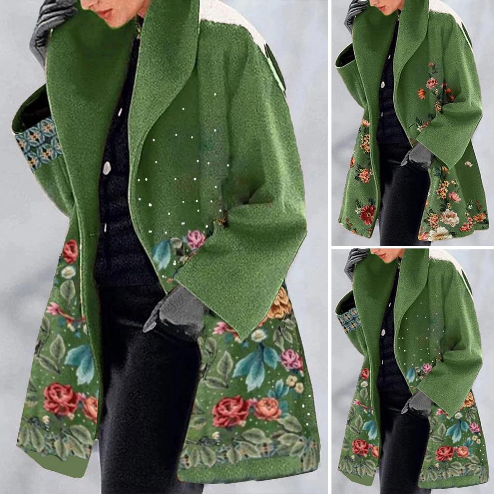 Spring Jacket Flower Print Women's Fall Winter Overcoat with Turn-down Collar Plus Size Mid Length Loose Thick Warm Long