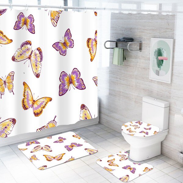 4 piezas de cortina de ducha conjunto de estera antideslizante cubierta de baño con estampado de mariposa cortina de baño de pol: color-3
