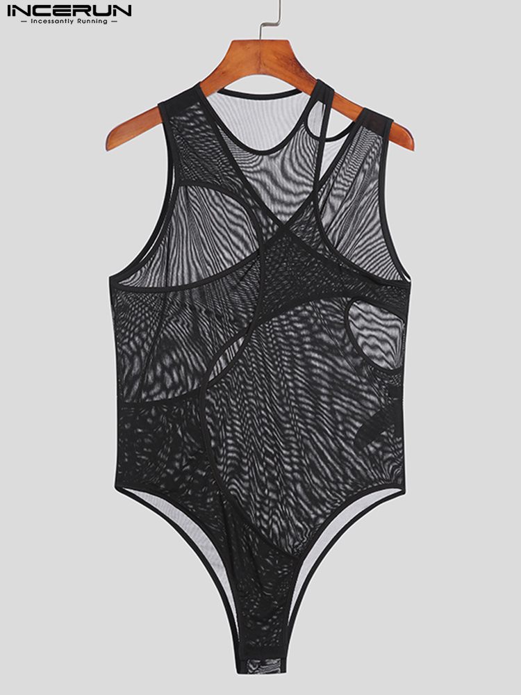 Tuta da uomo Sexy per il tempo libero maglia trasparente solido confortevole Homewear irregolare senza maniche triangolo body S-5XL INCERUN 2022