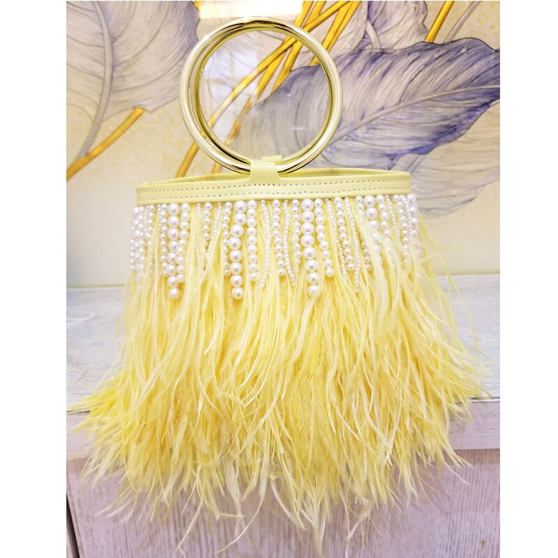 Luxury Ostrich Feather Wedding Purses and Handbags for Women Bucket Tote Pearl Fringe Party Chain Shoulder Bag: pearl yellow