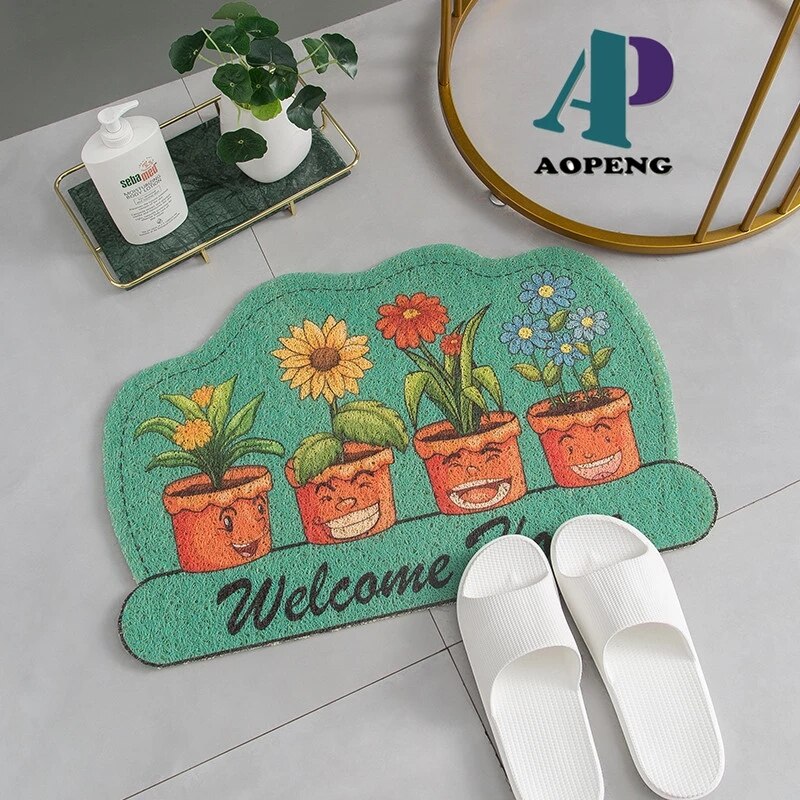 Foot Mat Plant Printing PVC Coil Door Mat Green Plastic Door Mat: flower pot