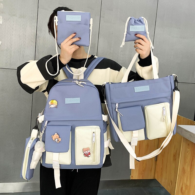 Школьный Девочка Рюкзак Женский 5Pcs Set Canvas Tas Kawaii Vrouwen School Rugzak Leuke Schooltassen Voor Meisjes Mochilas Bolso mujer