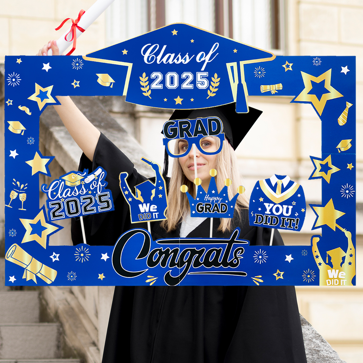 Bannière de cadre d'accessoire de photomaton de remise des diplômes, arrière-plan de prise de vue photo, décor de fournitures d'accessoires, classe de 2025, fête des diplômés, 2025