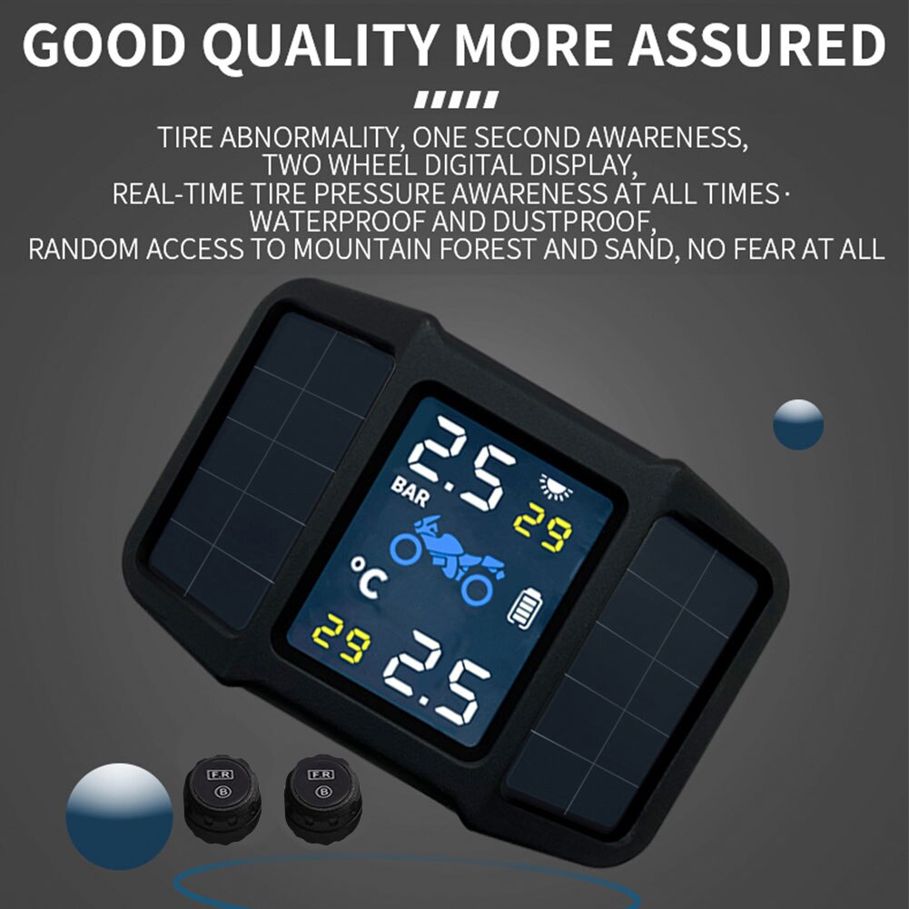 Real-time Display Solar Power TPMS With 2 External Sensor Motorcycle Tire Pressure Monitoring System Pressure Temperature Alarm