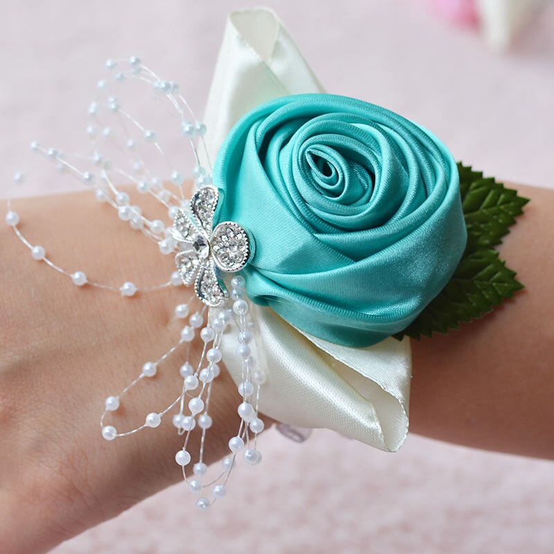 Bruidscorsage, bruidscorsage, polscorsage, parelarmband, handgemaakt polsbloemetje, bruidsmeisjeshandbloemen: Turkooisblauw