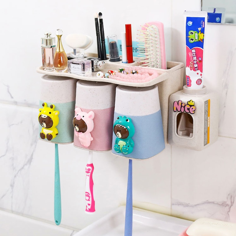 Boxi Automatic Toothpaste Squeezer Toothbrush Cup Dispenser Dust-Proof Toothbrush Holder Cartoon Cup Bathroom Accessories