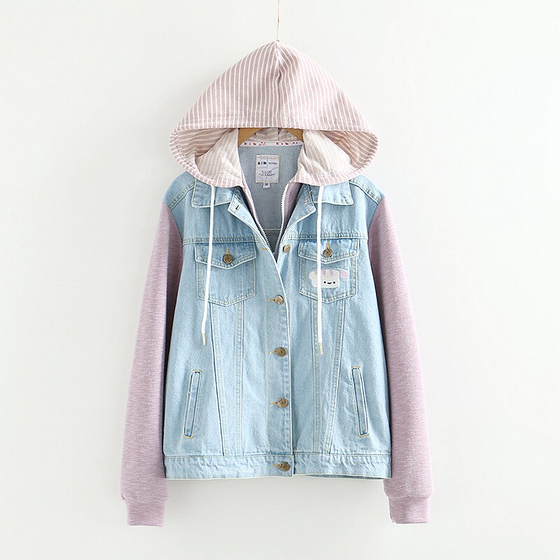 Women Harajuku Denim Jackets Japanese Style Autumn Denim Patchwork Kawaii Coat Loose Cute Embroidery Long Sleeve Hooded Jackets