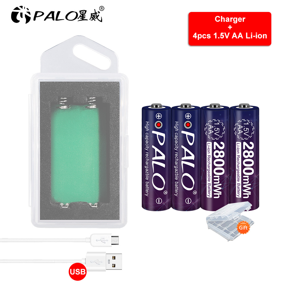 PALO 2800mWh AA1.5V lithium-ion battery 1.5V AA rechargeable pre-charge battery+1.5V AA li-ion battery charger case usb charger: 4pcs and charger