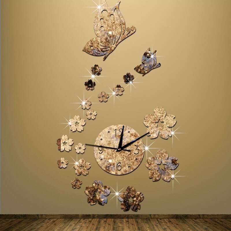 Papillon amour fleur acrylique miroir horloge murale étude chambre salon miroir mural horloge murale décor à la maison pas de batterie