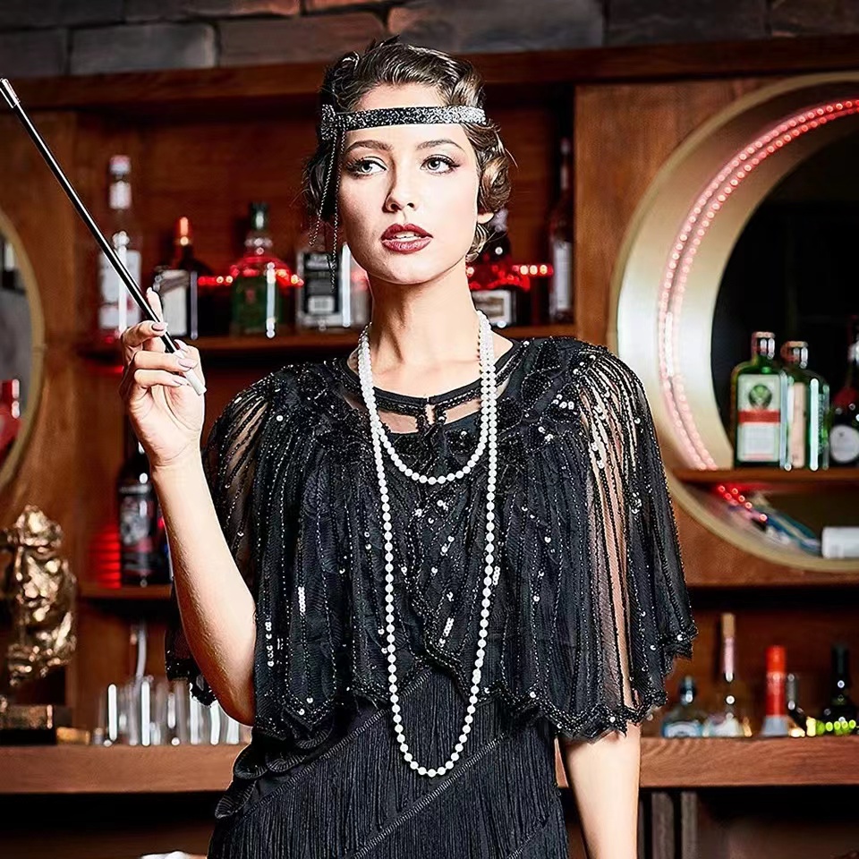 Vintage 1920s flapper xale lantejoulas frisado capa curta frisado decoração gatsby festa malha curto cobrir vestido acessório