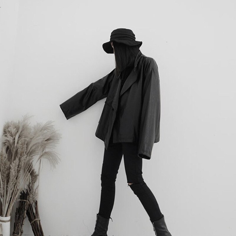 [EAM] coupe ample grande taille asymétrique Pu cuir veste revers à manches longues femmes manteau printemps automne 19A-a543