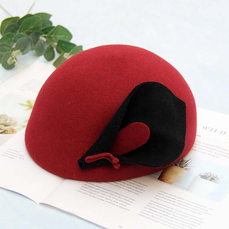 QDKPOTC nueva Flor de lirio fieltro boina Noble mujeres tocado Fedora sombrero cena boda sombreros: Wine red