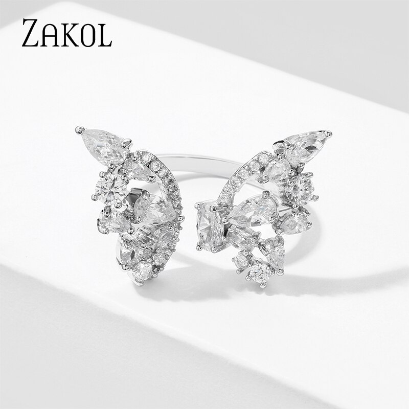 Zakol Wedding Luxe Sieraden Aaa Zirconia Butterfly Wing Ring Verstelbare Size Charm Engagement Ringen Voor Vrouwen RP5033