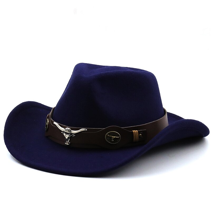 Women Men Hollow Western Cowboy Hat With Tauren Belt Winter Autumn Jazz Outback Jazz Toca Sombrero Cap Size 56-58CM: Navy