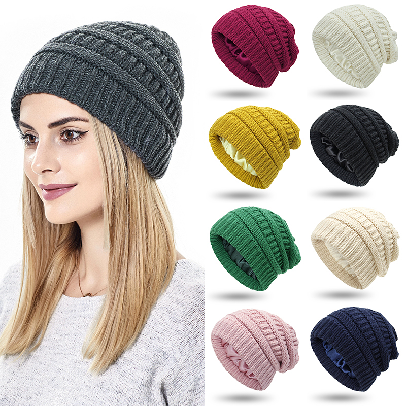 Winter Stricken Woolen Beanie Hüte für Frauen Silk Satin Gefüttert Chunky Kappe Weiche Stretch Kabel Stricken Warme Alle-spiel slouchy Sport Hut