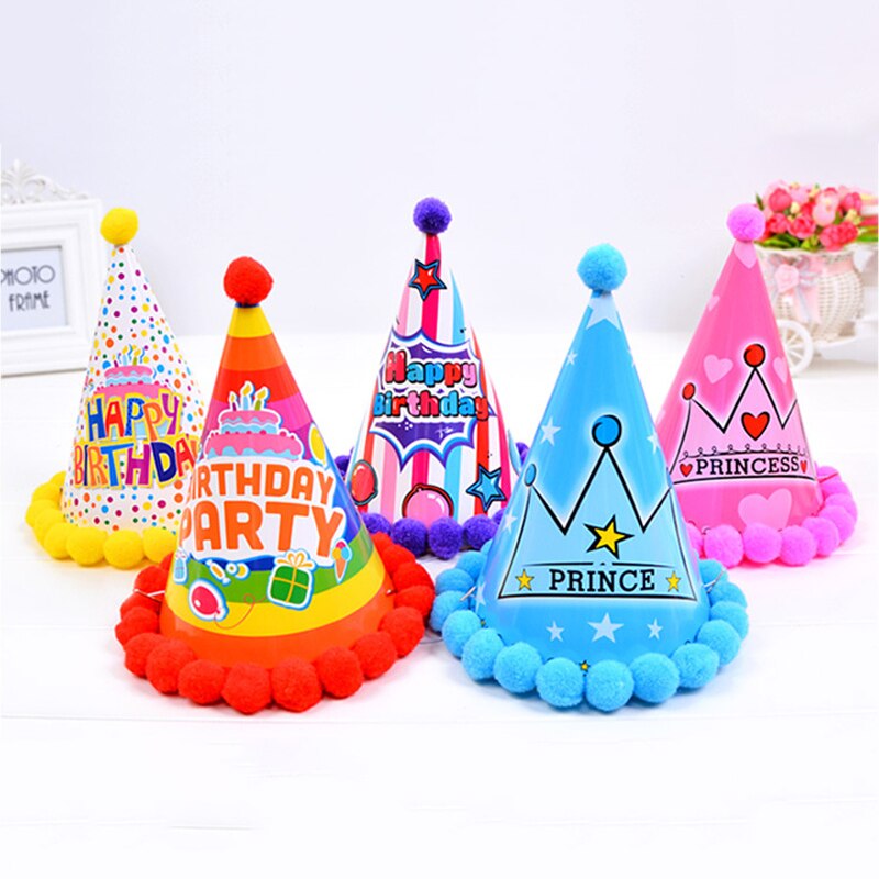 Birthday Caps Baby Kid Rainbow Birthday Party Hat Child Crown Decoration Pompon Paper Cap Cartoon Pattern Festival Birthday Hat