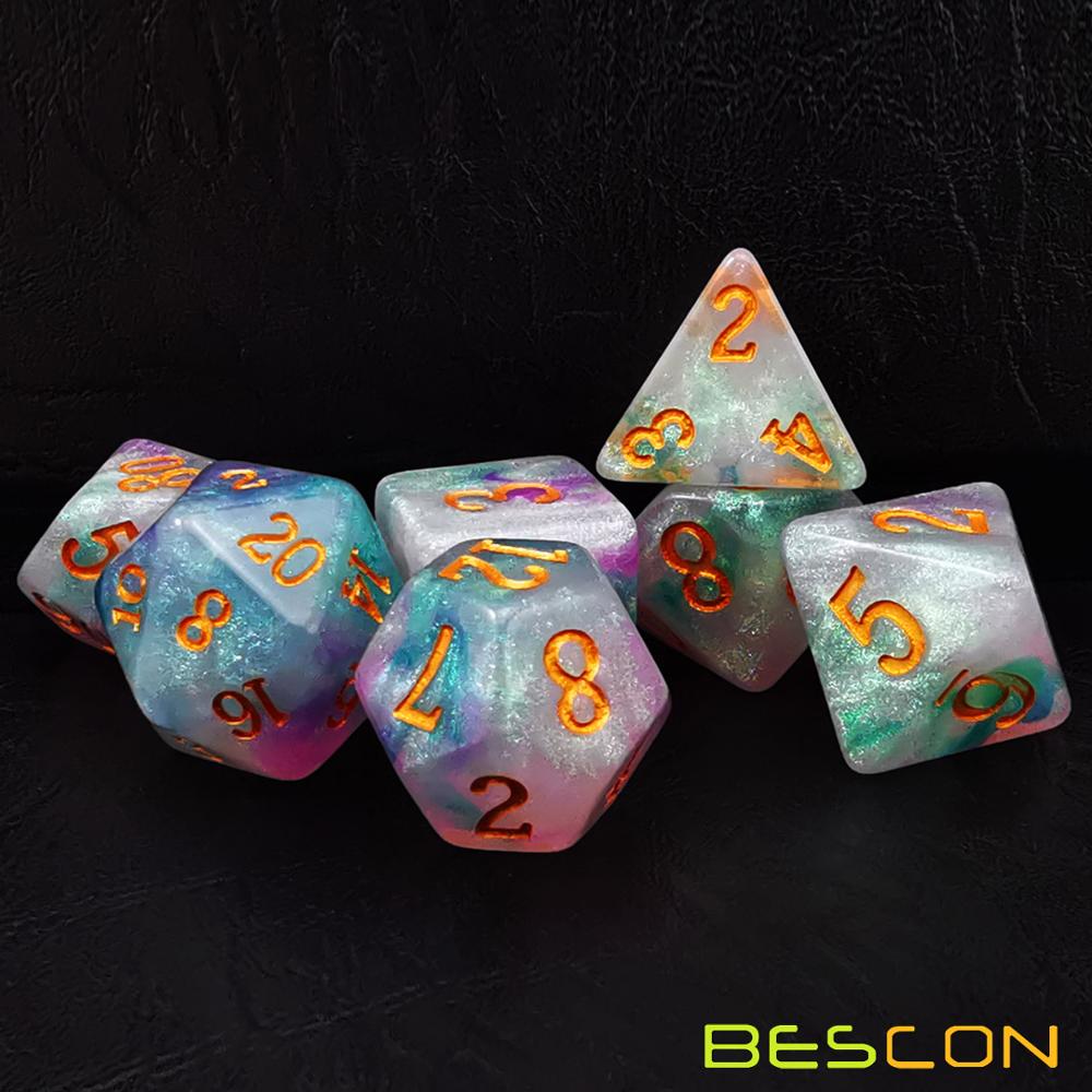 Bescon Magical Stone Dice Set Series, 7pcs Polyhedral RPG Dice Set Fairy Spirit, RoseQuartz, Gold Ore, Dragon Eyes