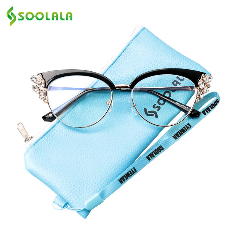 SOOLALA Anti Blue Light Glasses Women Cateye Rhinestone Eyeglass Frames Computer Anti Reflective Blue Light Blocking Glasses: Black
