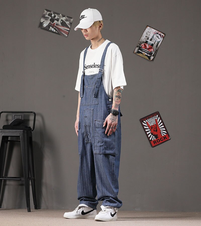 Spring Retro Overalls Men Bib Jumpsuits Trend Big Pocket Cotton Straight Loose Street Blue Hip Hop Wide Leg Pants Trousers