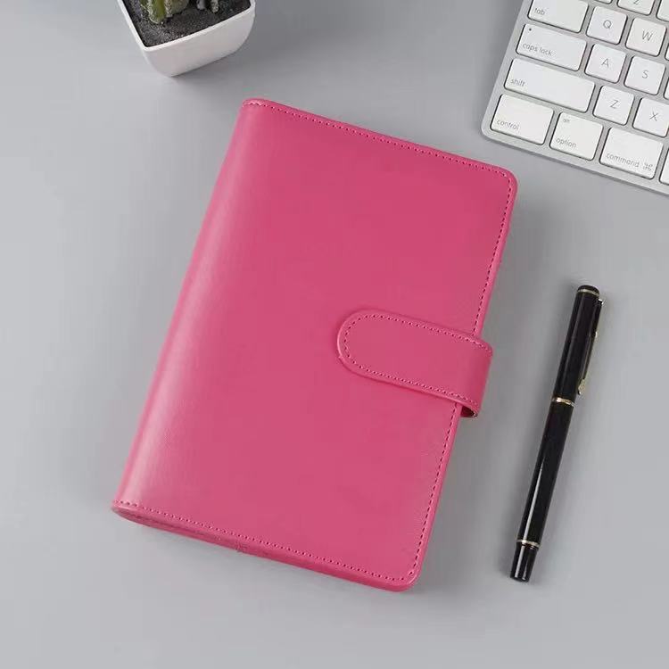 A6 Leather Notebook Binder with Plastic Binder Pockets, Refillable 6 Round Ring A6 Personal Planner Binder Cover with Stickers: Rose