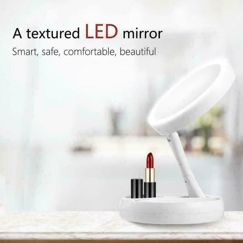 Espejo LED plegable para baño, iluminación inteligente con aumento de 10 aumentos, 13 pulgadas, para tocador, maquillaje