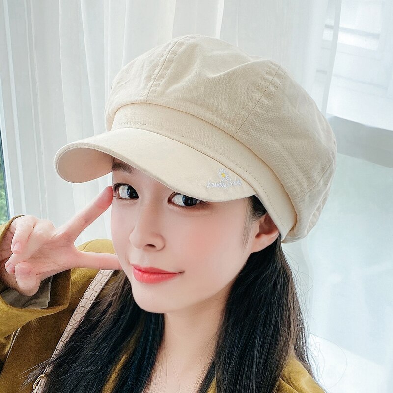 Gorra de pintor fácil de combinar de otoño e invierno, sombreros de señora para mujer, boinas de algodón, gorras Bordado de letras, gorra Casual octogonal plana Retro: beige