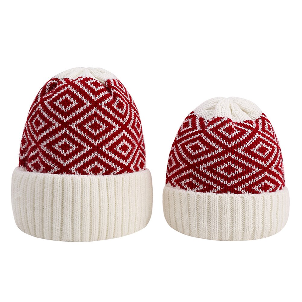Strikket hat plaid rhombus uld cap strik cap familie matchende hat til voksne børn sød jul